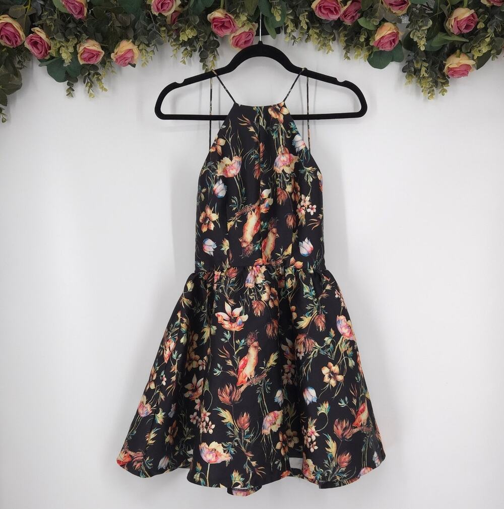 L'Atiste Floral and Bird Print Halter Dress Size Small